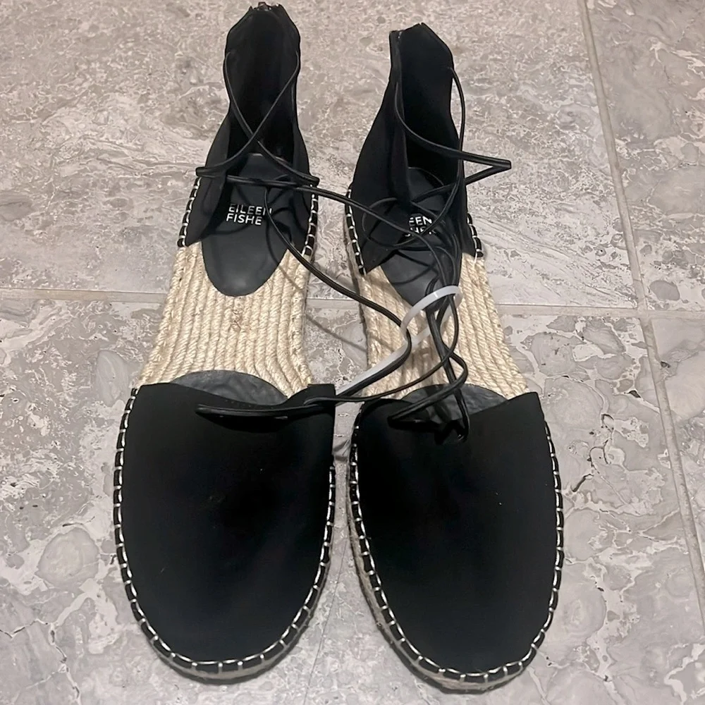 Eileen Fisher Lace-Up Espadrille Black Sandals, Size 11 EXCELLENT! $160